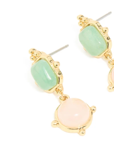 Gold Plated Rose Quartz & Green Semi Precious Stone Detail Outline Drop Earrings