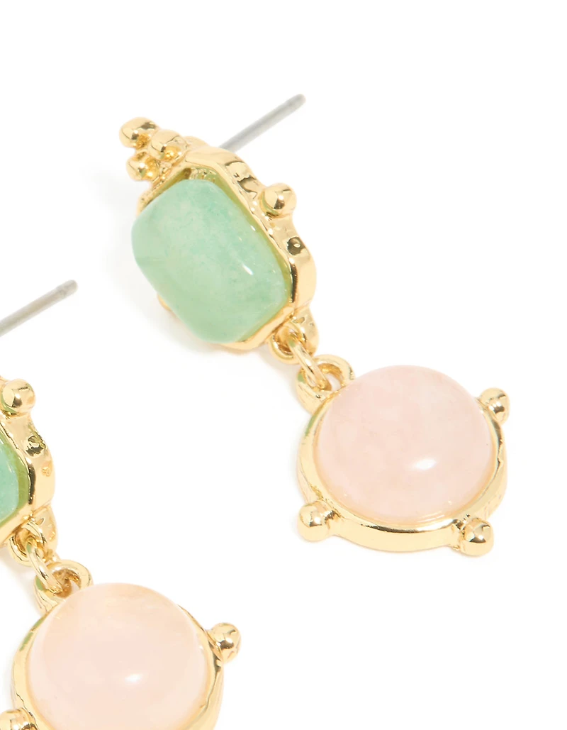 Gold Plated Rose Quartz & Green Semi Precious Stone Detail Outline Drop Earrings