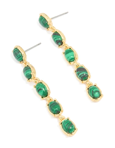 Gold Plated Emerald Semi Precious Stone Oval Drop Earrings