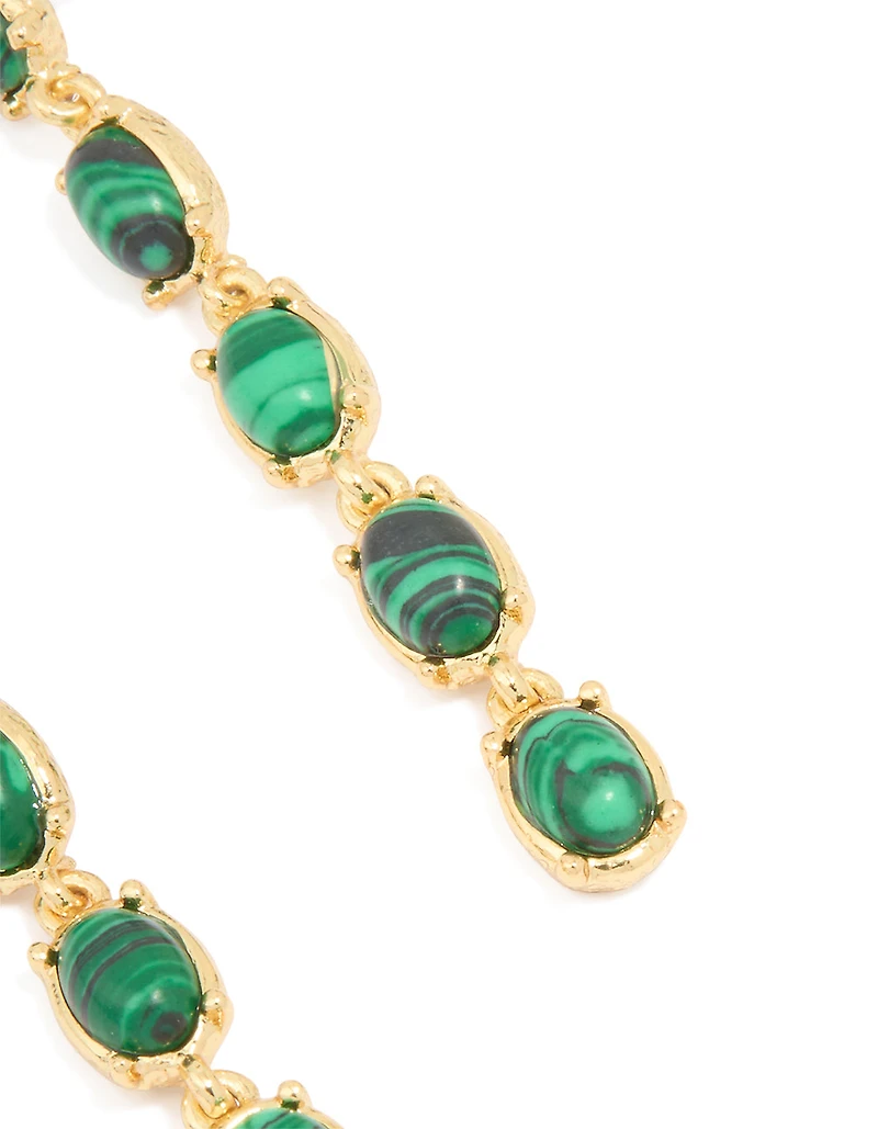 Gold Plated Emerald Semi Precious Stone Oval Drop Earrings