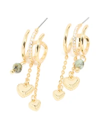 Gold Plated Heart & Semi Precious Stone Chain Hoop Earrings