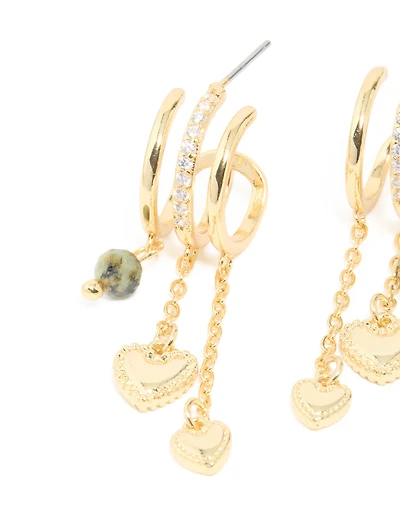 Gold Plated Heart & Semi Precious Stone Chain Hoop Earrings