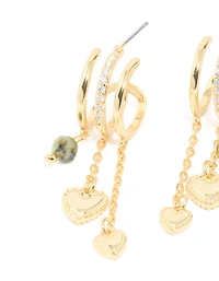 Gold Plated Heart & Semi Precious Stone Chain Hoop Earrings