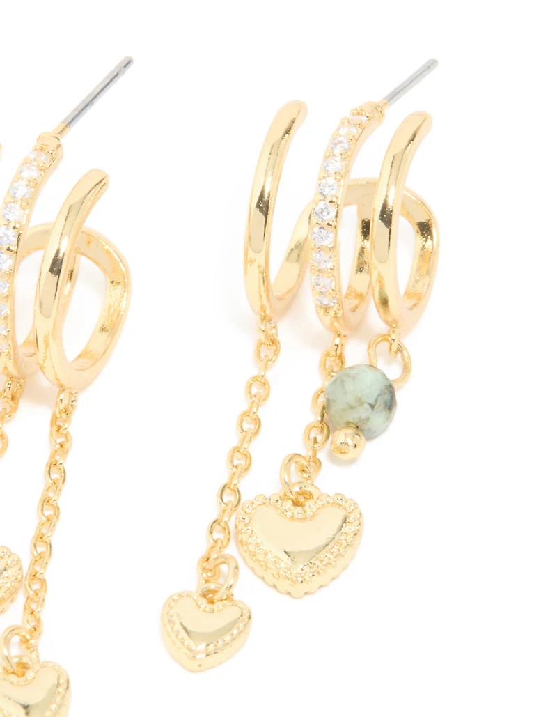 Gold Plated Heart & Semi Precious Stone Chain Hoop Earrings