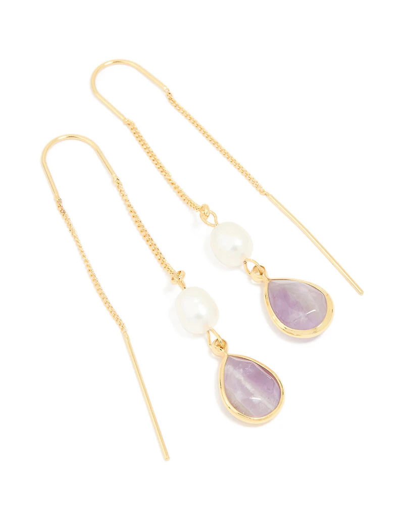 Gold Plated Freshwater Pearl & Amethyst Teardrop Thread Through Earrings