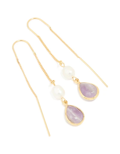 Gold Plated Freshwater Pearl & Amethyst Teardrop Thread Through Earrings