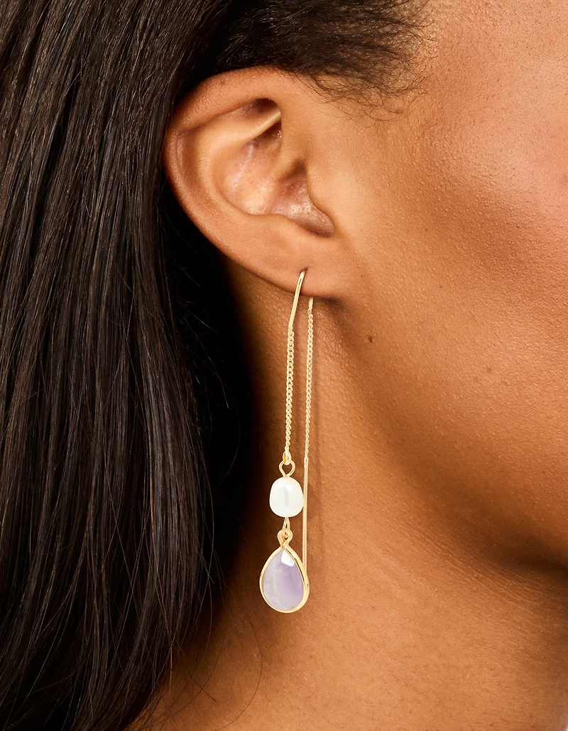Gold Plated Freshwater Pearl & Amethyst Teardrop Thread Through Earrings