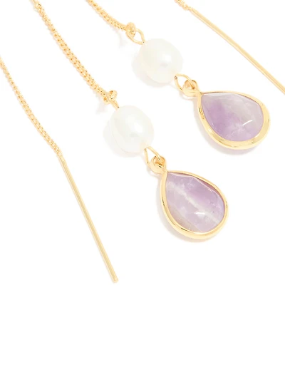 Gold Plated Freshwater Pearl & Amethyst Teardrop Thread Through Earrings