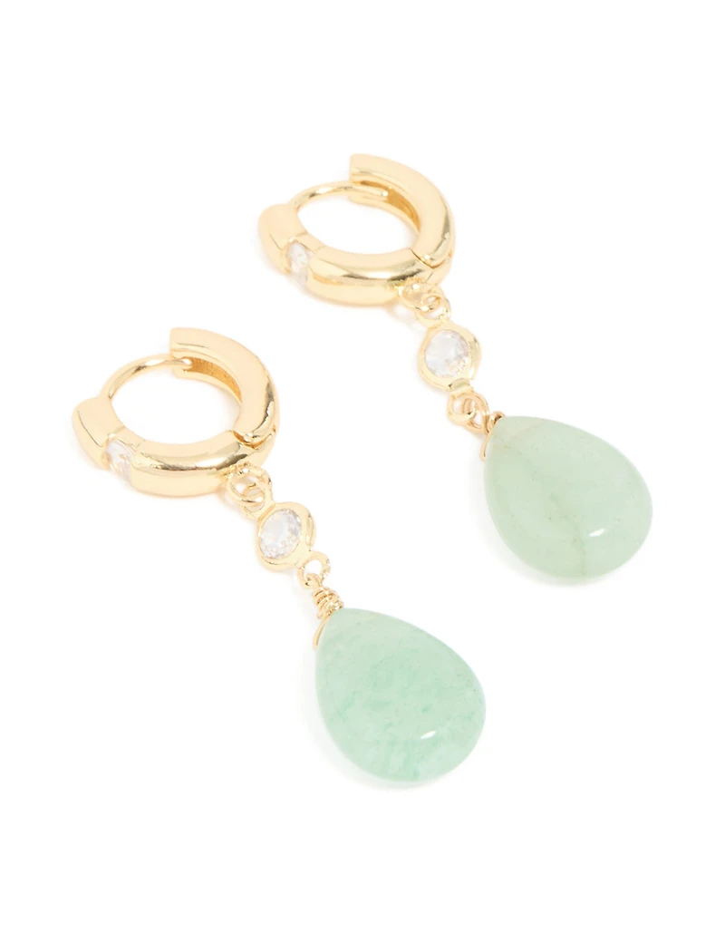 Gold Plated Green Semi Precious Stone Cubic Zirconia Teardrop Earrings