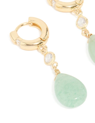 Gold Plated Green Semi Precious Stone Cubic Zirconia Teardrop Earrings