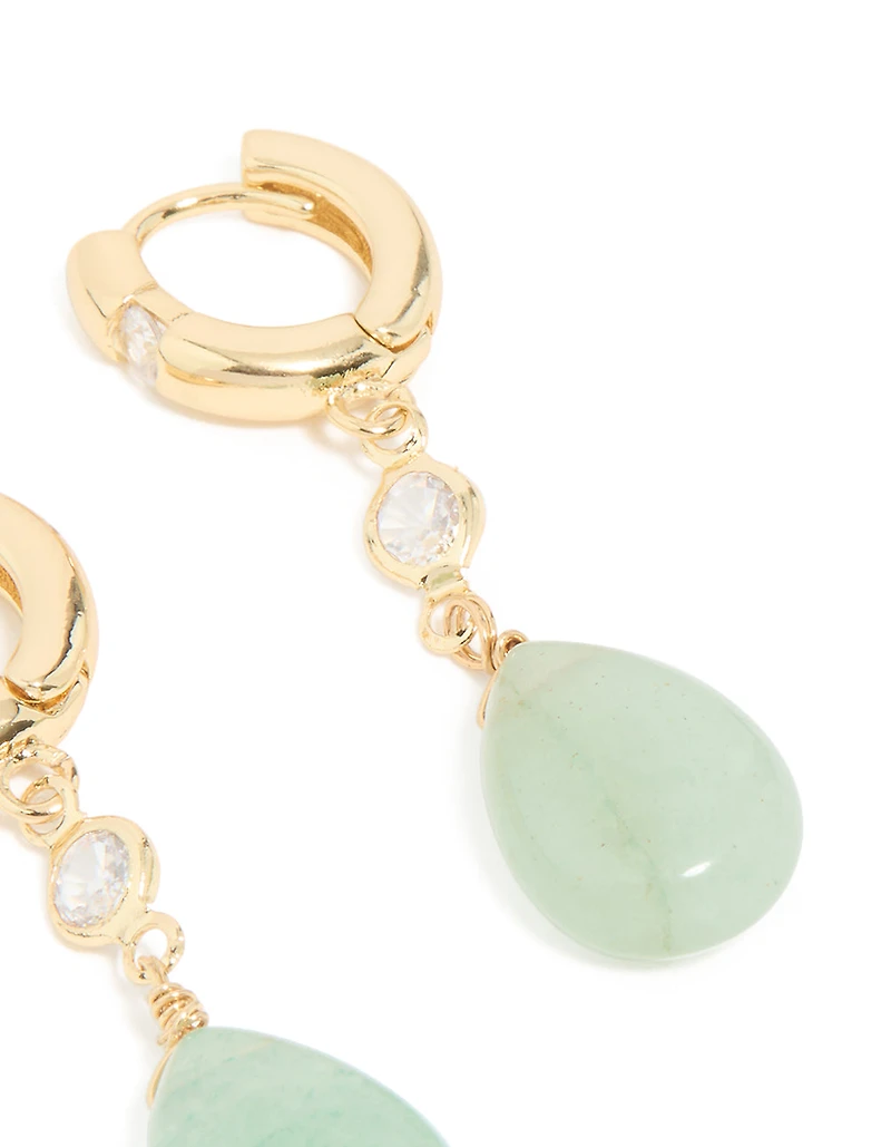 Gold Plated Green Semi Precious Stone Cubic Zirconia Teardrop Earrings