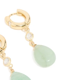 Gold Plated Green Semi Precious Stone Cubic Zirconia Teardrop Earrings