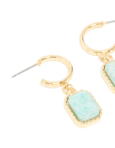 Gold Plated Blue Semi Precious Stone Rectangular Hoop Earrings