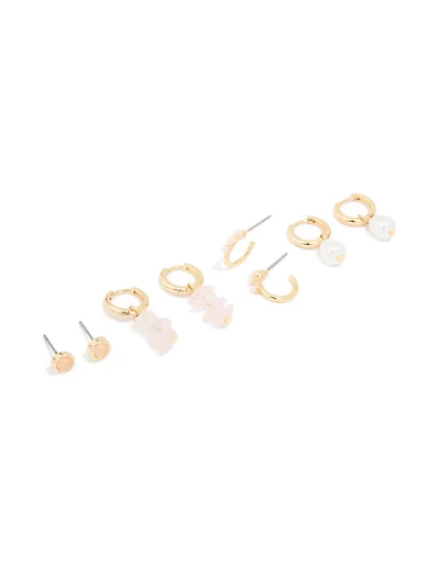 Gold Plated Rose Quartz & Pearl Huggie Earrings 4-Pack