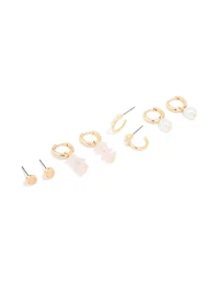 Gold Plated Rose Quartz & Pearl Huggie Earrings 4-Pack