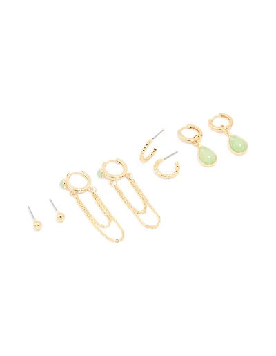Gold Plated Green Semi Precious Stone Huggie Earrings 4-Pack