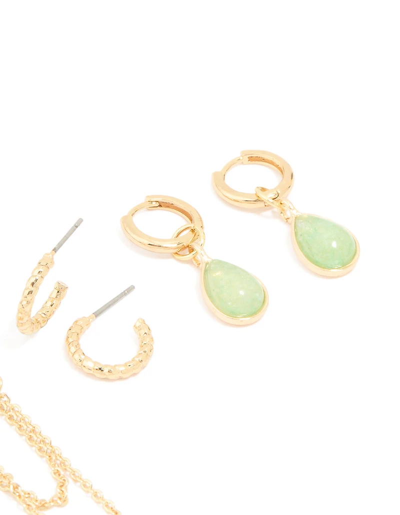 Gold Plated Green Semi Precious Stone Huggie Earrings 4-Pack