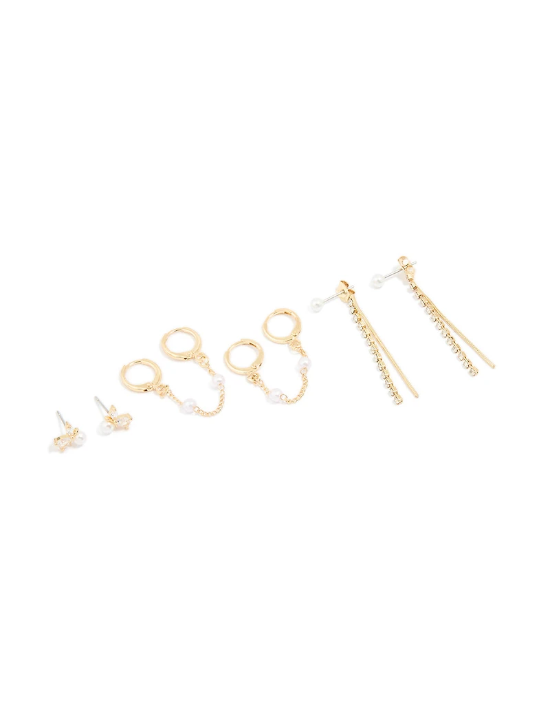 Gold Plated Diamante & Pearl Mixed Earrings 4-Pack
