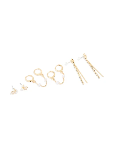Gold Plated Diamante & Pearl Mixed Earrings 4-Pack