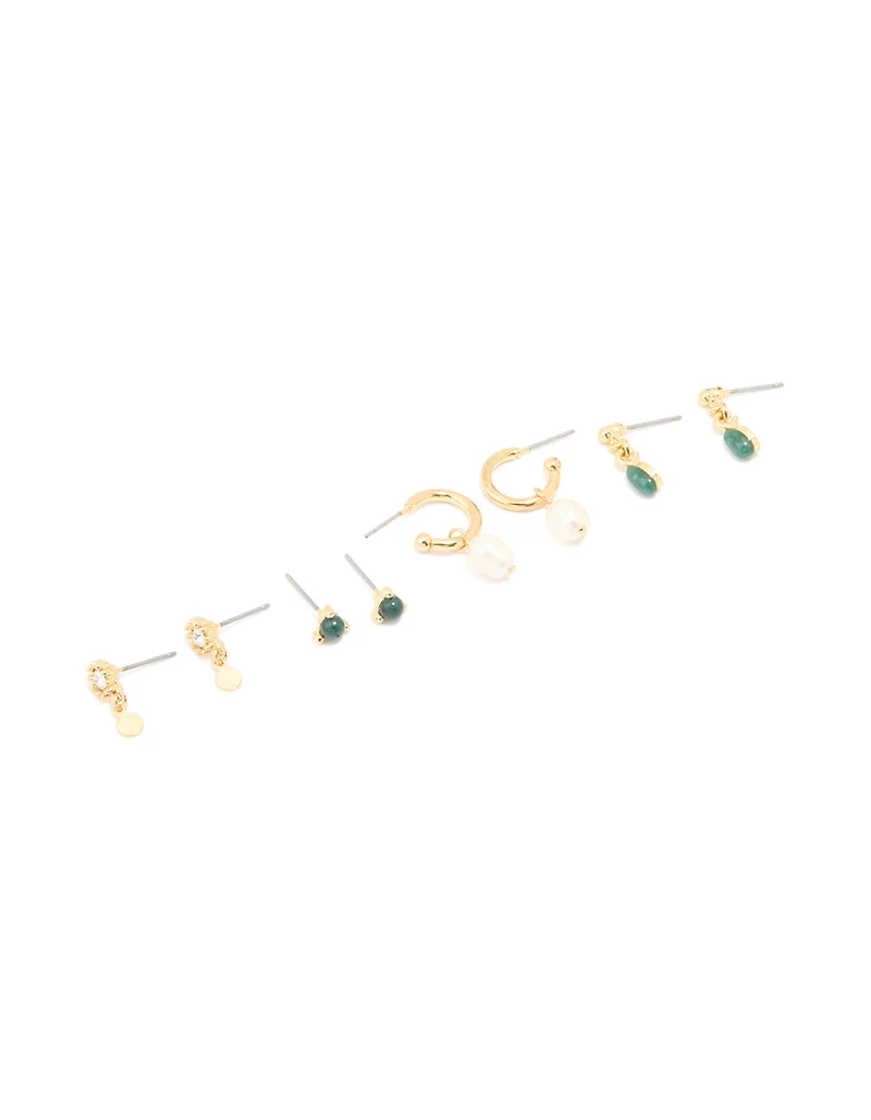 Gold Plated Dark Green Semi Precious Stone & Freshwater Pearl Earrings 4-Pack