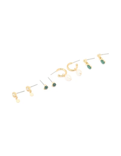 Gold Plated Dark Green Semi Precious Stone & Freshwater Pearl Earrings 4-Pack