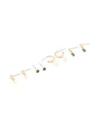 Gold Plated Dark Green Semi Precious Stone & Freshwater Pearl Earrings 4-Pack