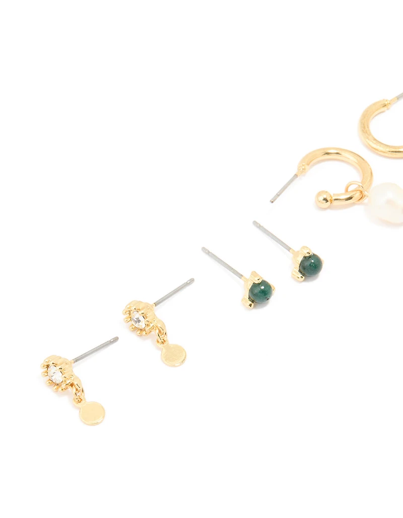 Gold Plated Dark Green Semi Precious Stone & Freshwater Pearl Earrings 4-Pack
