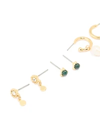 Gold Plated Dark Green Semi Precious Stone & Freshwater Pearl Earrings 4-Pack