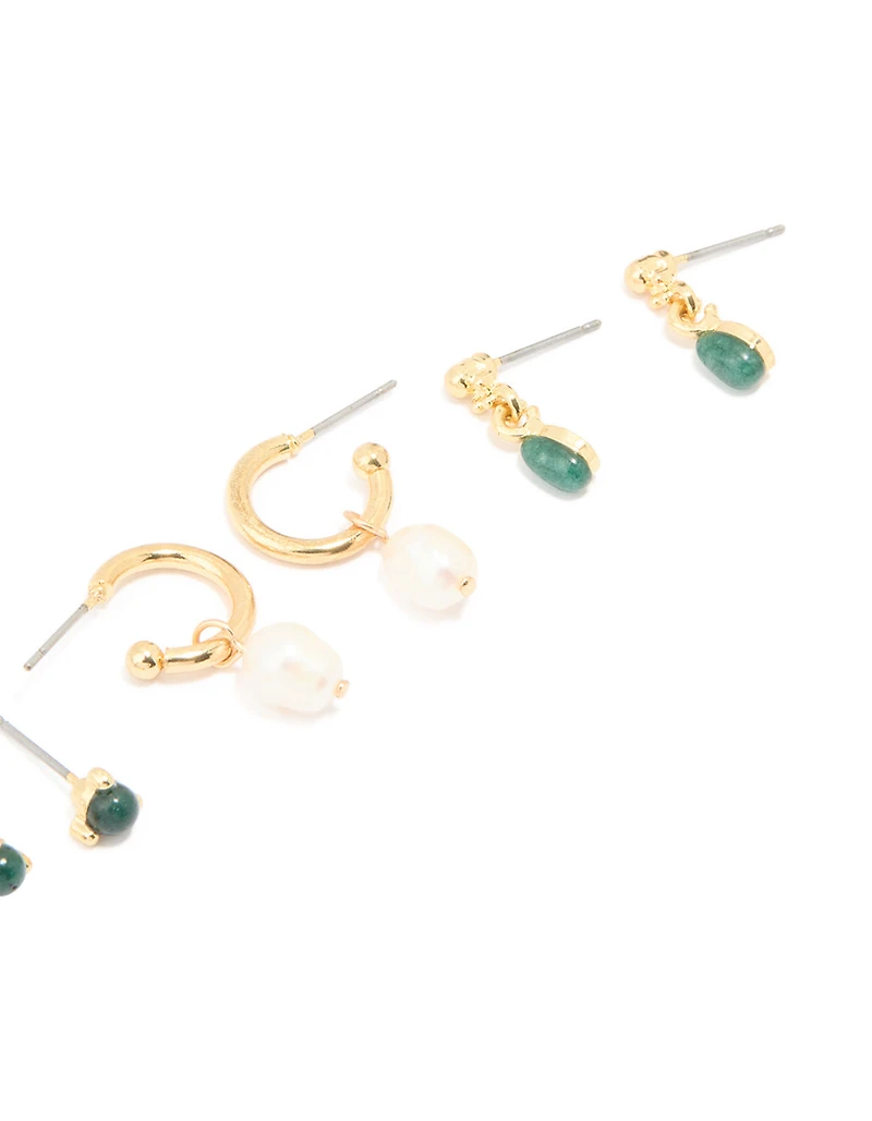 Gold Plated Dark Green Semi Precious Stone & Freshwater Pearl Earrings 4-Pack