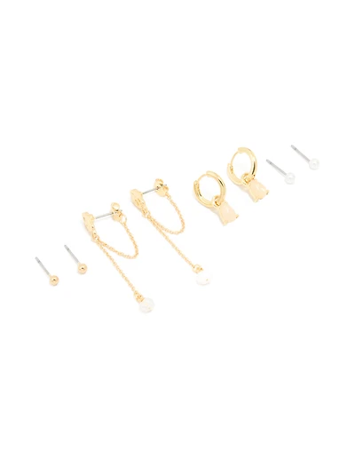 Gold Plated Pink Semi Precious Stone Pearl Stud & Chain Earrings 4-Pack