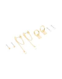 Gold Plated Pink Semi Precious Stone Pearl Stud & Chain Earrings 4-Pack