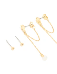 Gold Plated Pink Semi Precious Stone Pearl Stud & Chain Earrings 4-Pack