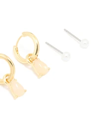Gold Plated Pink Semi Precious Stone Pearl Stud & Chain Earrings 4-Pack