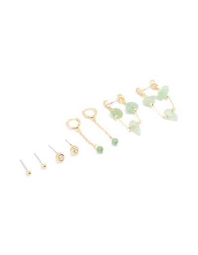 Gold Plated Green Semi Precious Stone Chain Drop & Stud Earrings 4-Pack