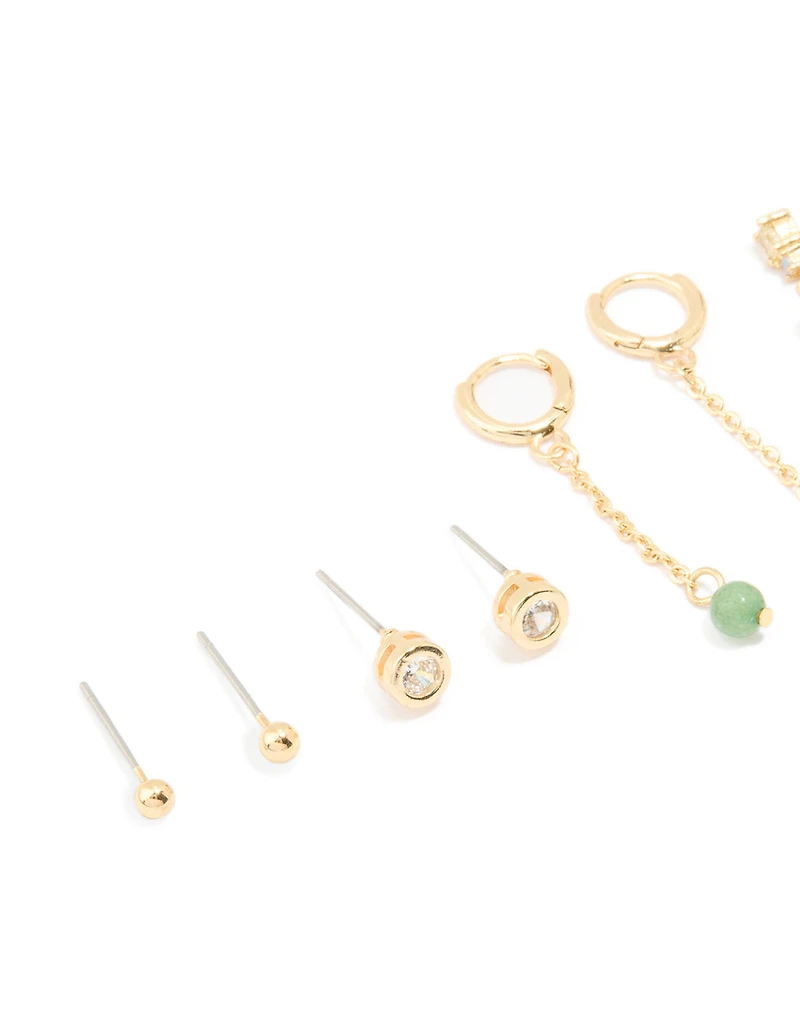 Gold Plated Green Semi Precious Stone Chain Drop & Stud Earrings 4-Pack