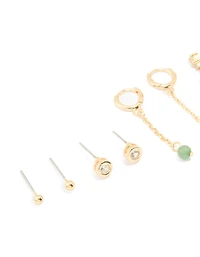 Gold Plated Green Semi Precious Stone Chain Drop & Stud Earrings 4-Pack