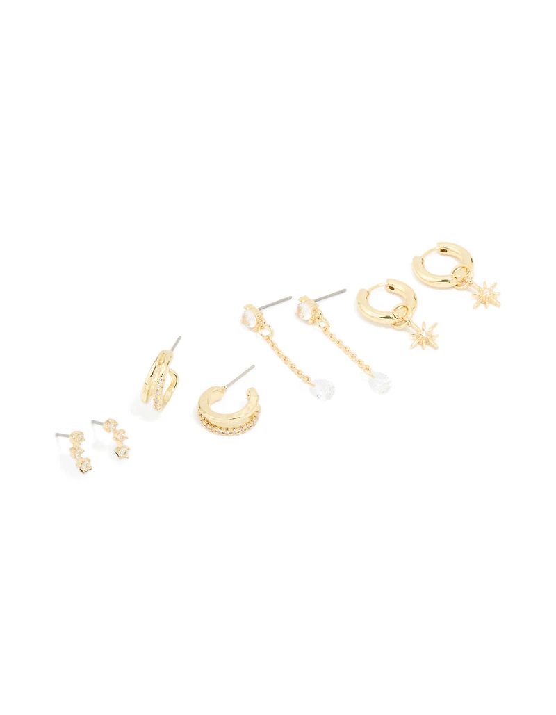 Gold Plated Cubic Zirconia Celestial Hoop & Chain Drop Earrings 4-Pack