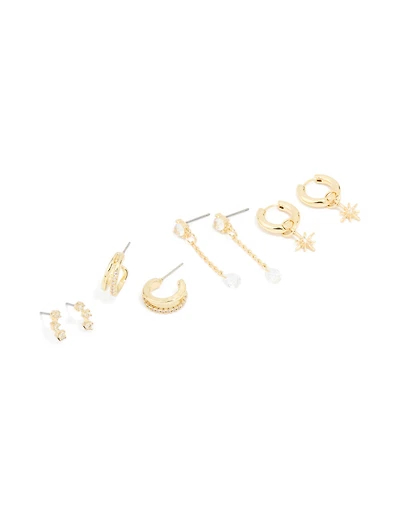Gold Plated Cubic Zirconia Celestial Hoop & Chain Drop Earrings 4-Pack