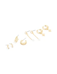 Gold Plated Cubic Zirconia Celestial Hoop & Chain Drop Earrings 4-Pack