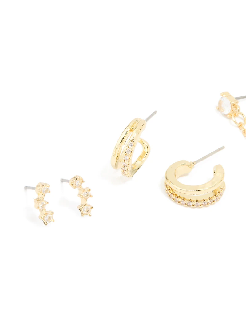 Gold Plated Cubic Zirconia Celestial Hoop & Chain Drop Earrings 4-Pack