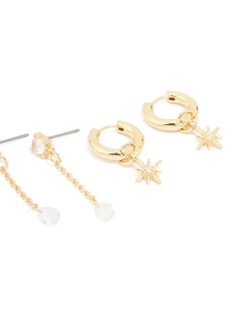 Gold Plated Cubic Zirconia Celestial Hoop & Chain Drop Earrings 4-Pack