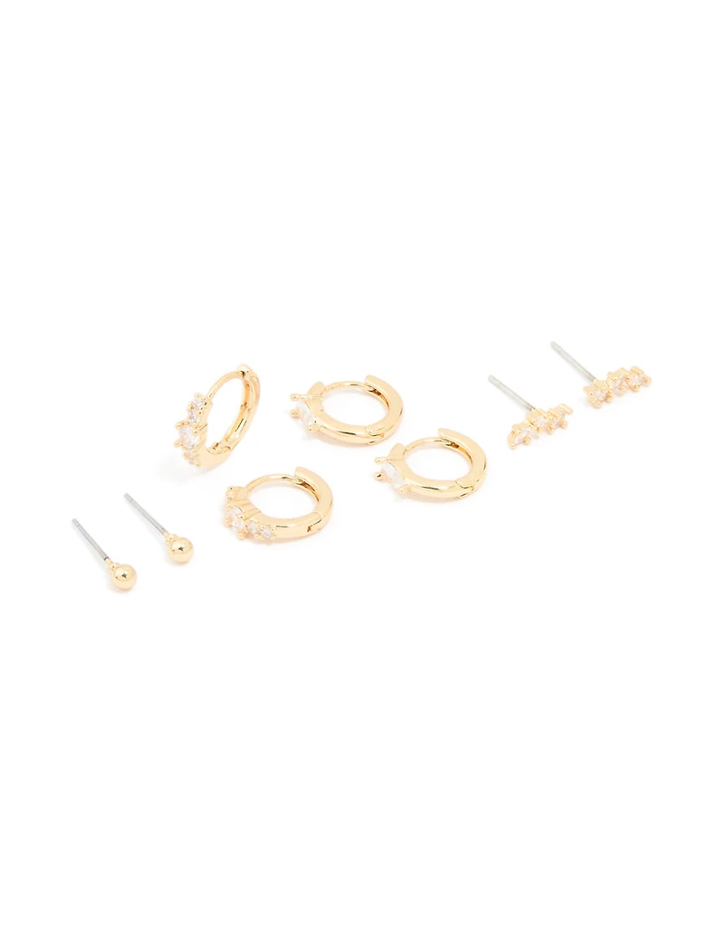 Gold Plated Cubic Zirconia Fine Huggie & Stud Earrings 4-Pack