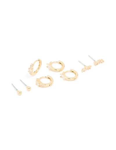 Gold Plated Cubic Zirconia Fine Huggie & Stud Earrings 4-Pack