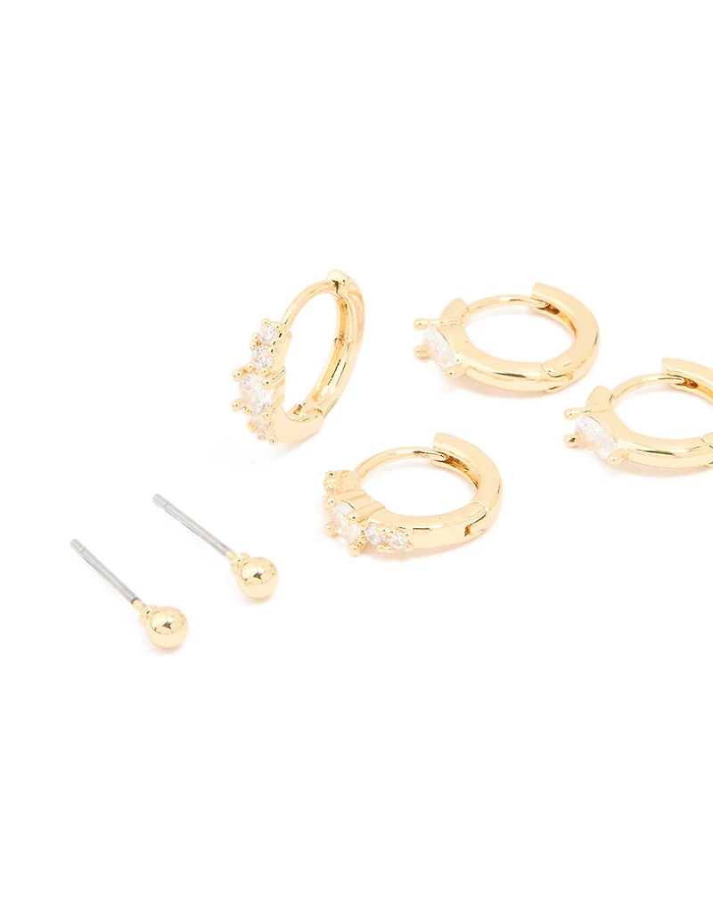 Gold Plated Cubic Zirconia Fine Huggie & Stud Earrings 4-Pack