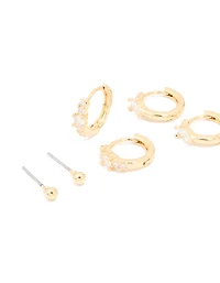 Gold Plated Cubic Zirconia Fine Huggie & Stud Earrings 4-Pack