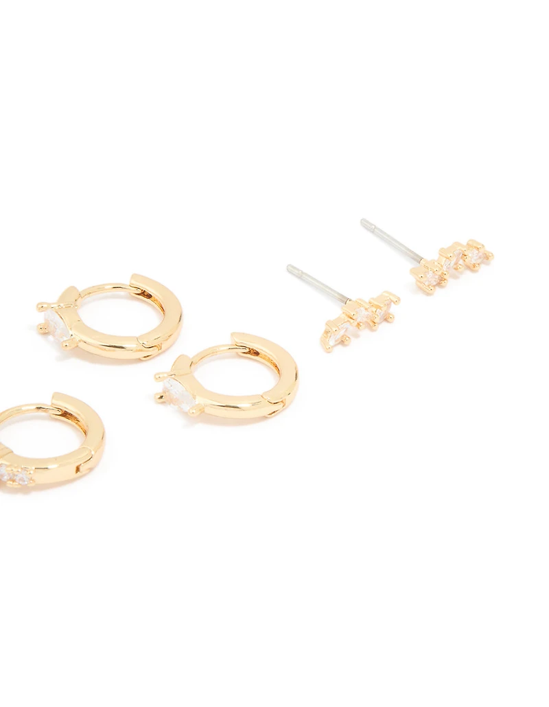 Gold Plated Cubic Zirconia Fine Huggie & Stud Earrings 4-Pack
