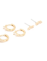 Gold Plated Cubic Zirconia Fine Huggie & Stud Earrings 4-Pack