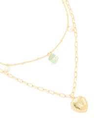 Gold Plated Pearl Semi Precious Stones & Heart Charm Layered Necklace