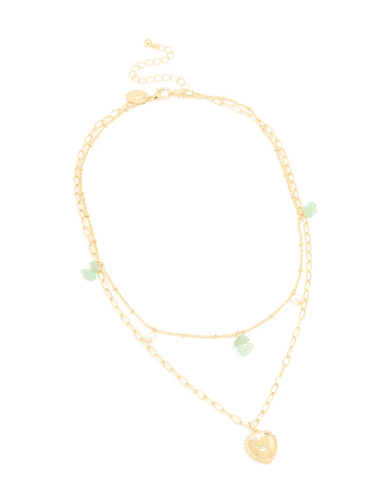 Gold Plated Pearl Semi Precious Stones & Heart Charm Layered Necklace