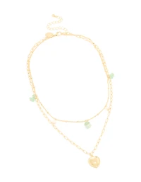 Gold Plated Pearl Semi Precious Stones & Heart Charm Layered Necklace